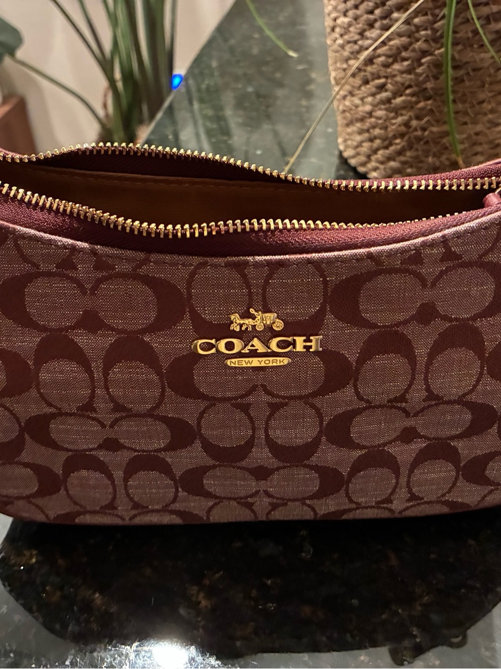 Coach Signature Canvas Wristlet in Burgundy and Gold